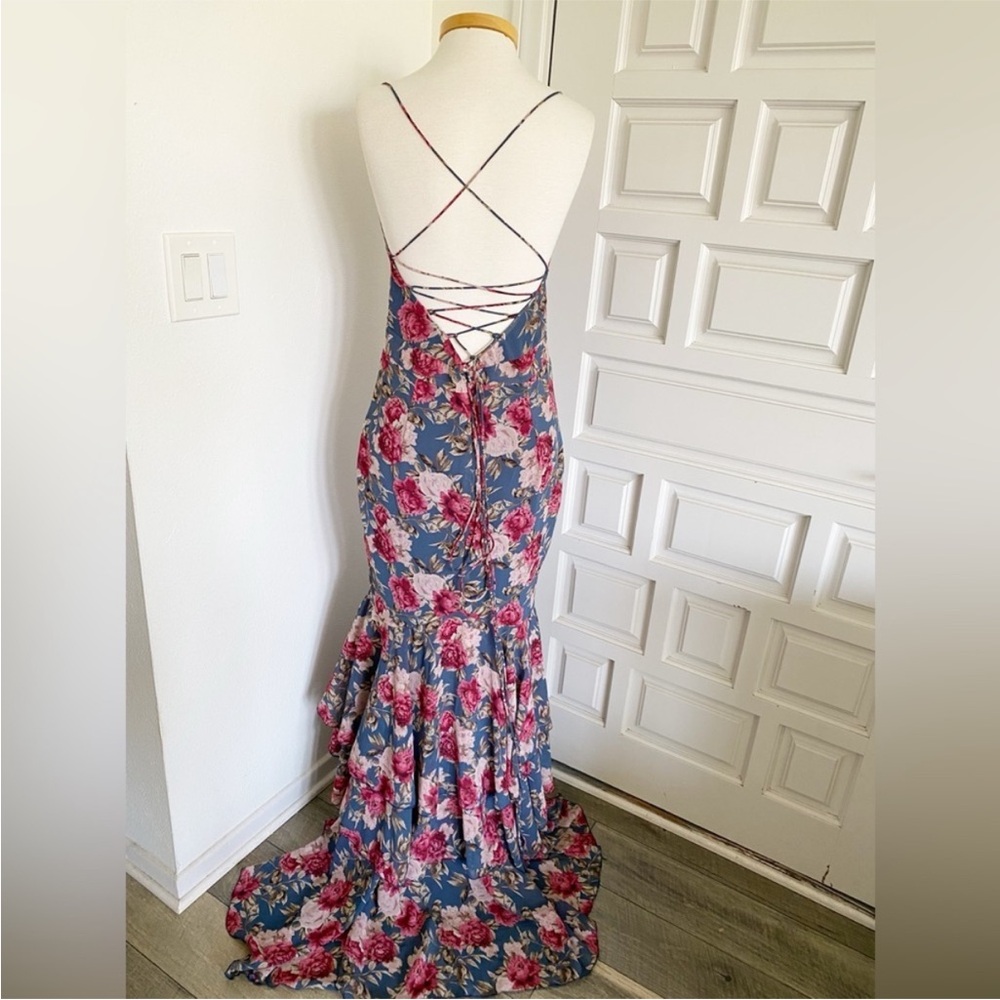 Long Maxi Mermaid Style Dress Blue Pink Floral Corset Lace Up Ruffles - Picture 4 of 15
